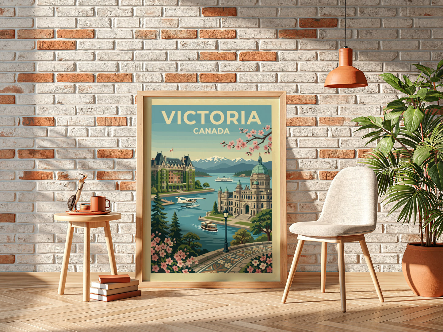 Victoria Canada travel poster featuring the Empress Hotel, Parliament Buildings, and waterfront.