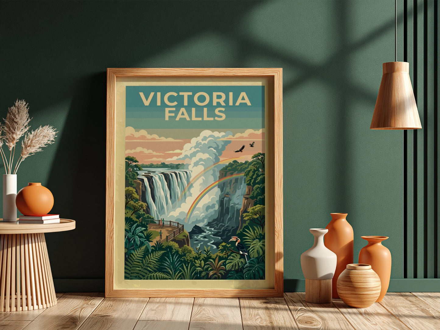 Travel poster of Victoria Falls featuring a lush rainforest and a double rainbow.
