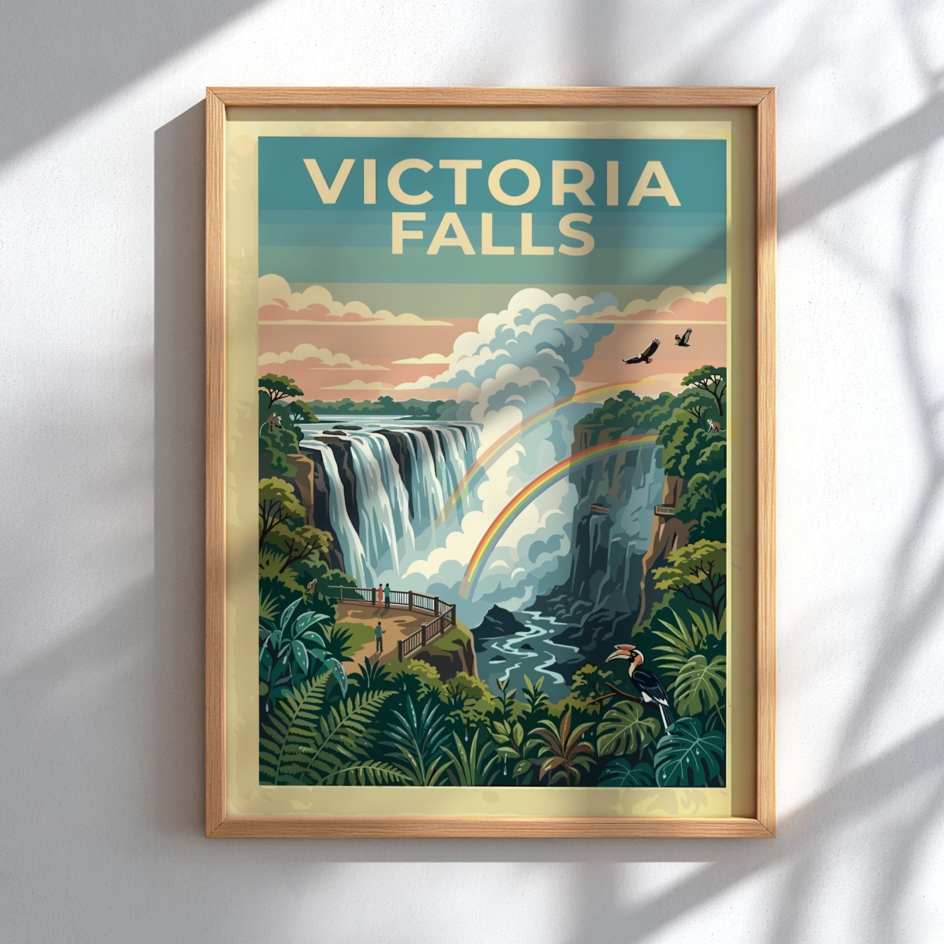 Travel poster of Victoria Falls featuring a lush rainforest and a double rainbow.