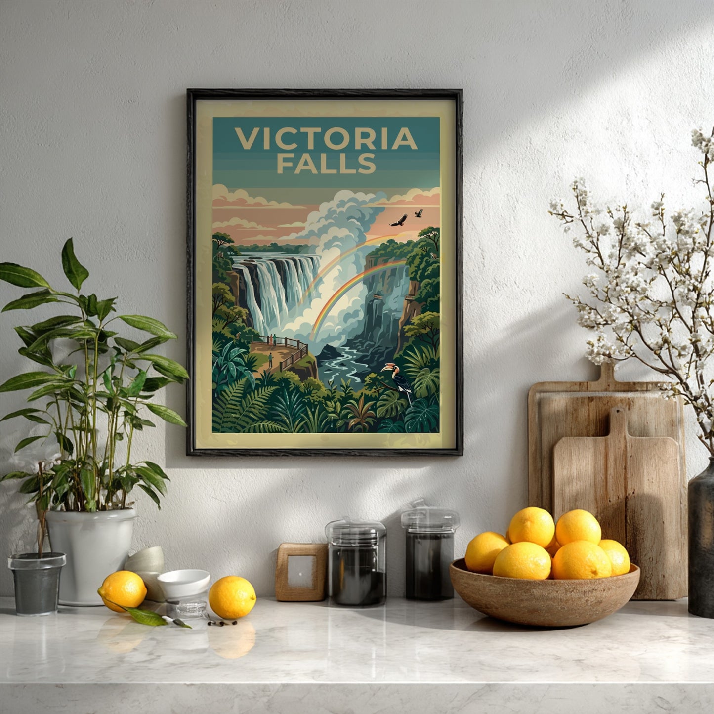 Travel poster of Victoria Falls featuring a lush rainforest and a double rainbow.