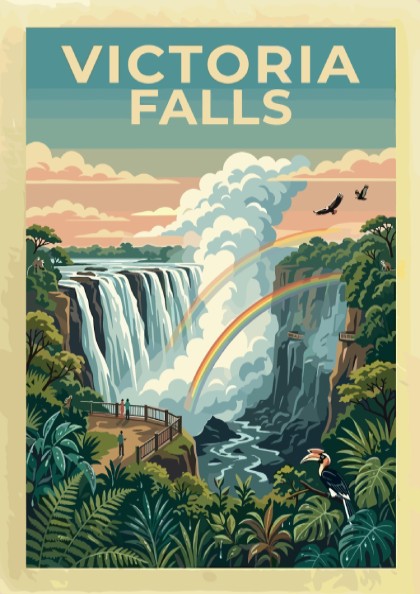 Travel poster of Victoria Falls featuring a lush rainforest and a double rainbow.