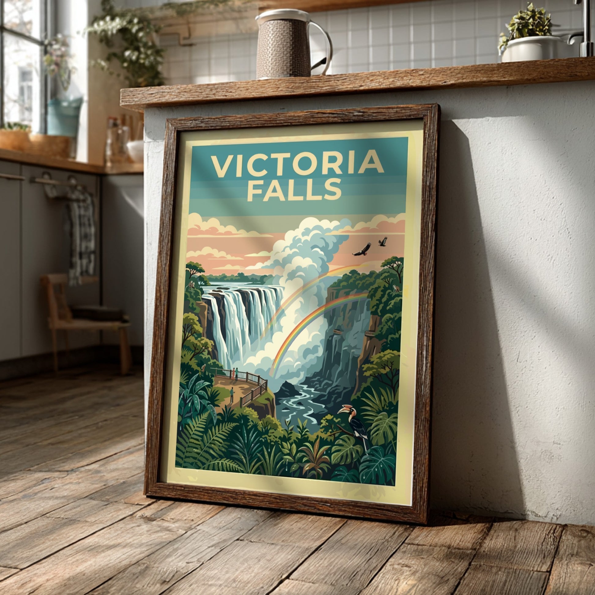 Travel poster of Victoria Falls featuring a lush rainforest and a double rainbow.