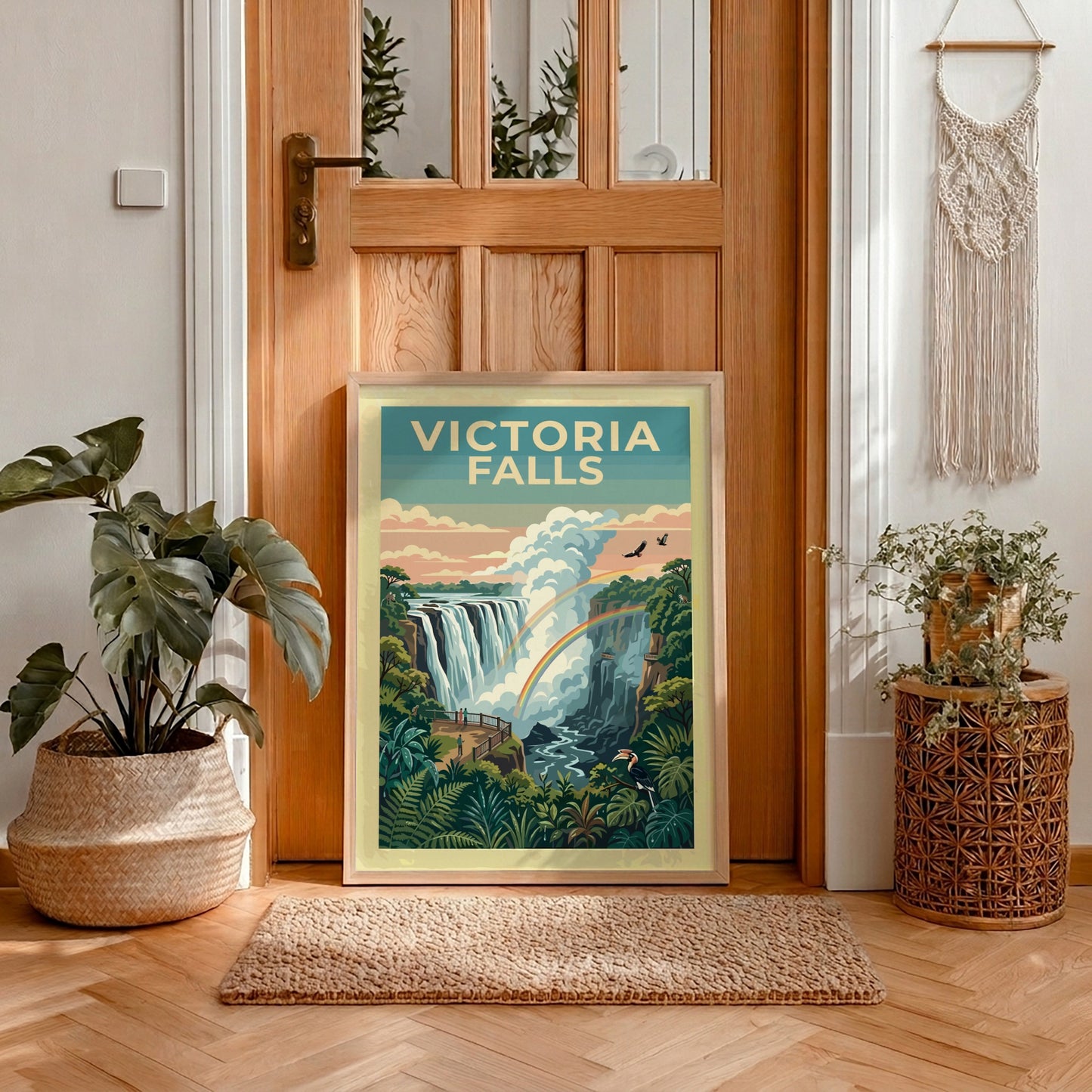Travel poster of Victoria Falls featuring a lush rainforest and a double rainbow.