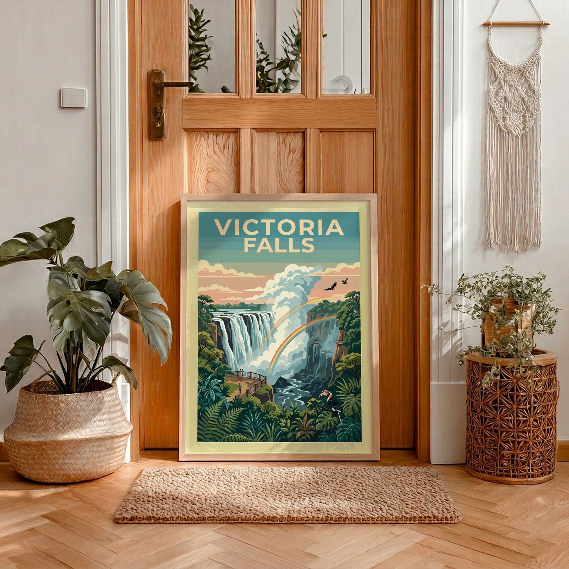 Travel poster of Victoria Falls featuring a lush rainforest and a double rainbow.