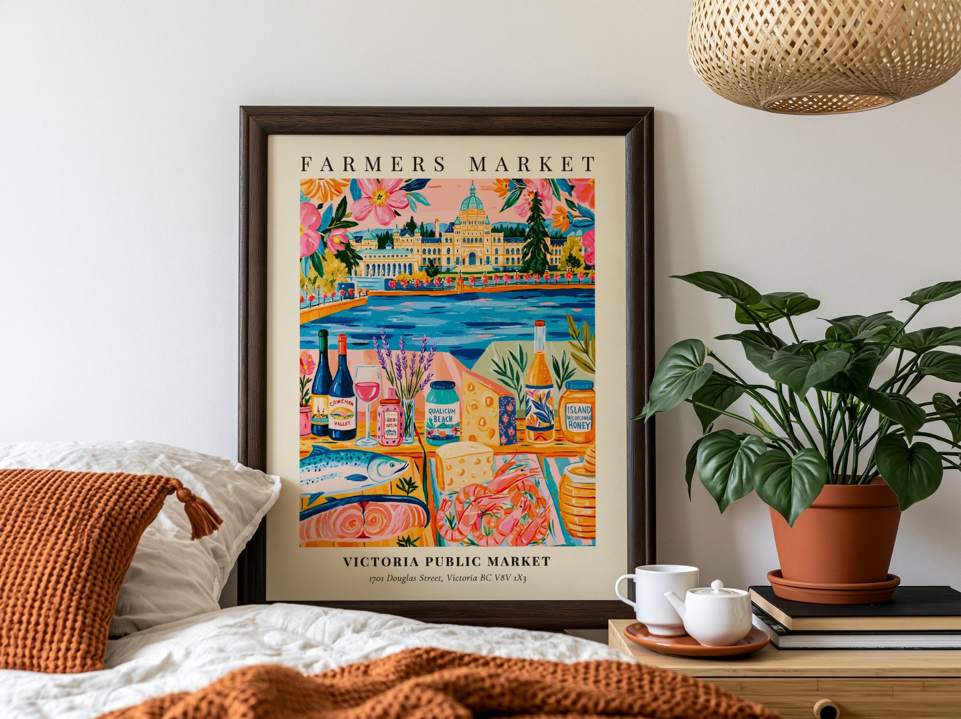 Victoria Public Market poster featuring colorful market scene with local produce and vibrant colors