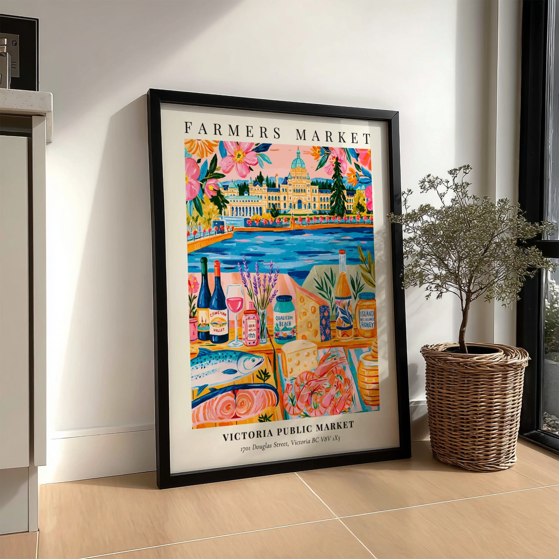 Victoria Public Market poster featuring colorful market scene with local produce and vibrant colors