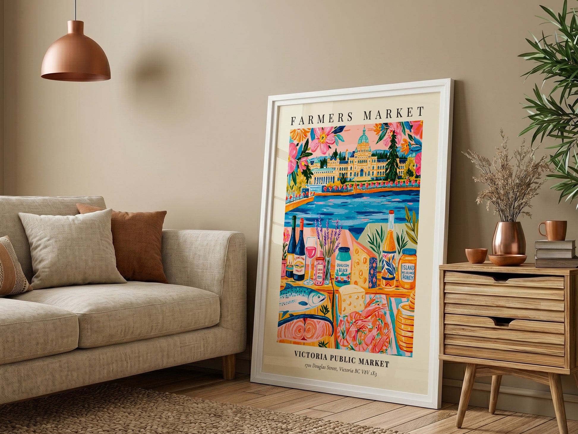 Victoria Public Market poster featuring colorful market scene with local produce and vibrant colors