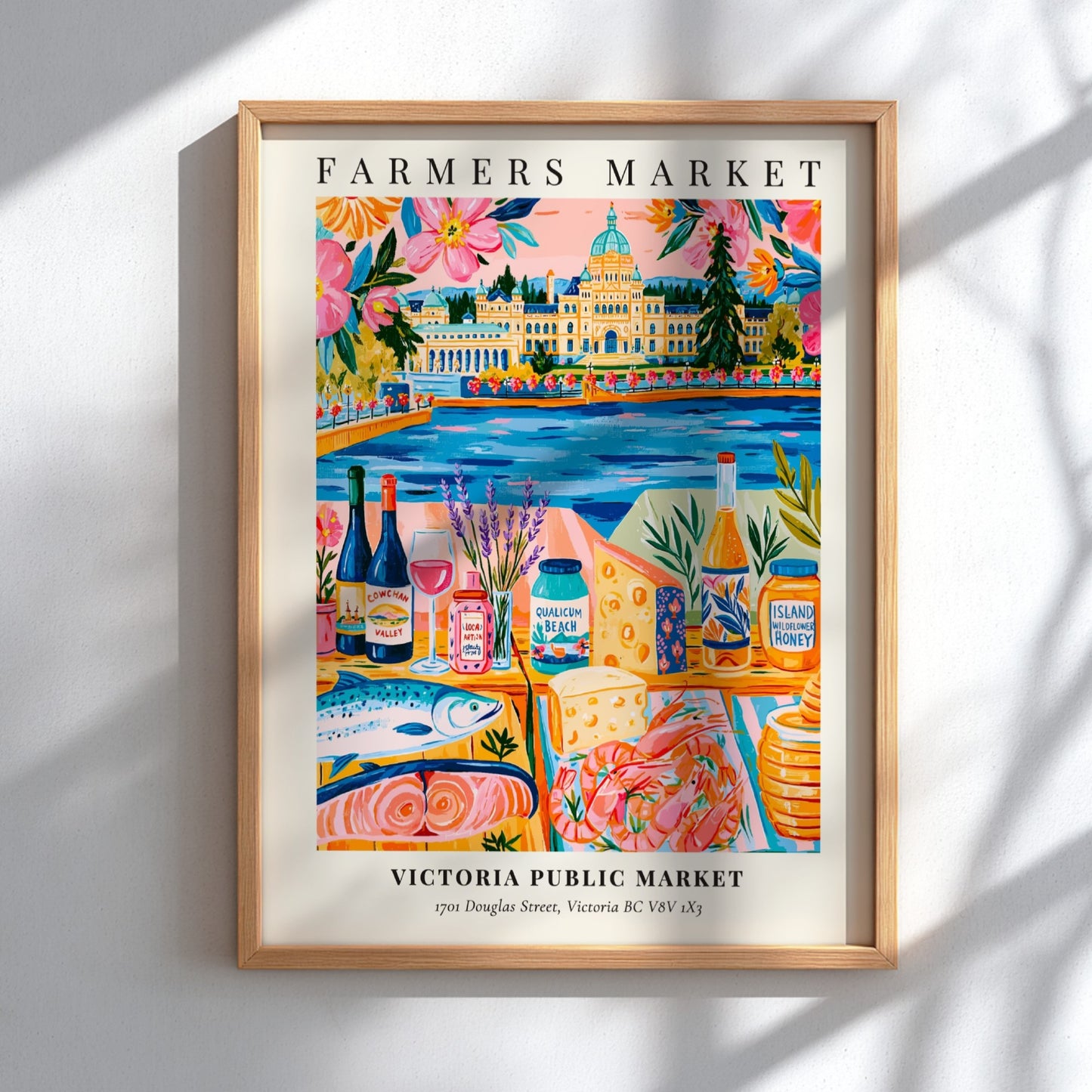 Victoria Public Market poster featuring colorful market scene with local produce and vibrant colors
