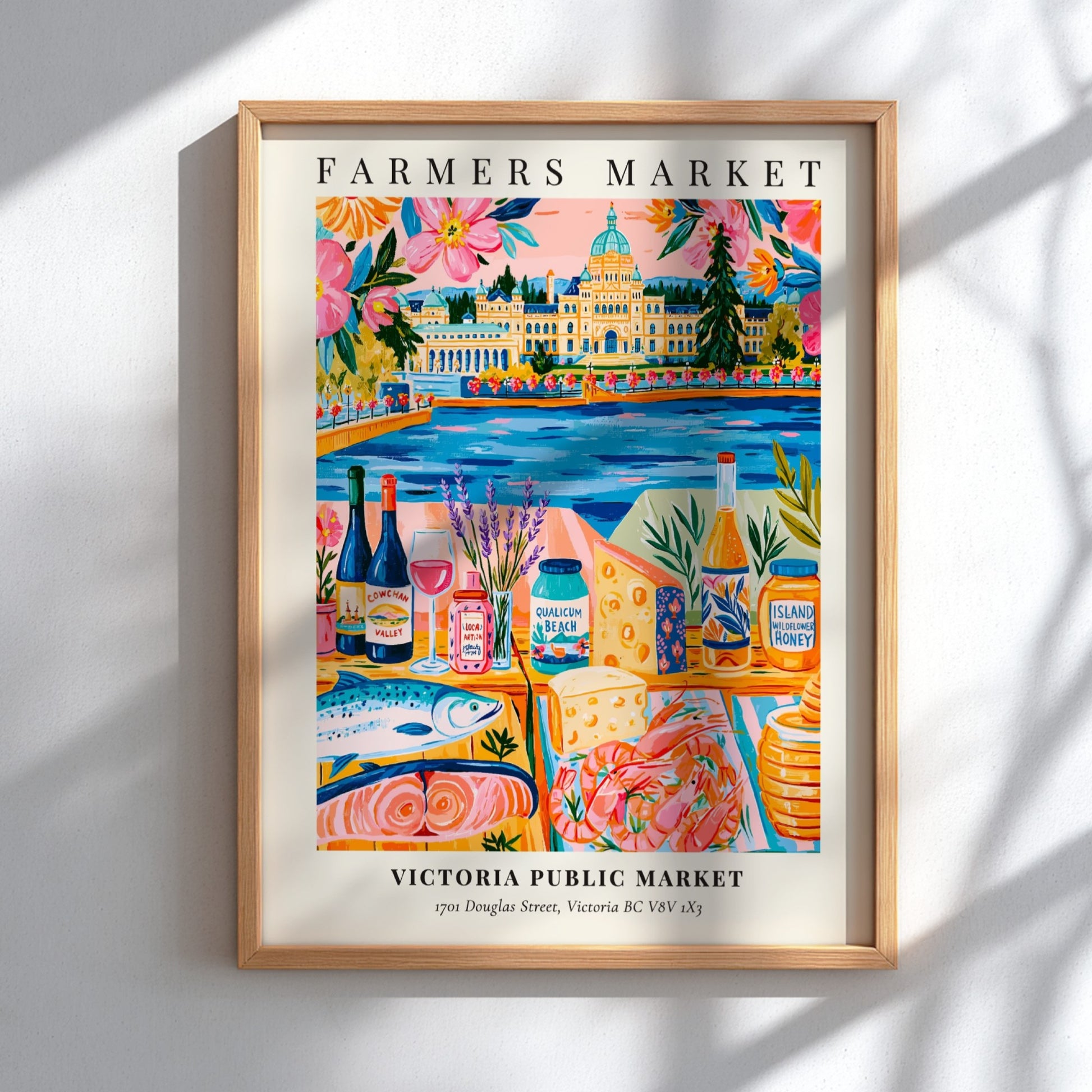 Victoria Public Market poster featuring colorful market scene with local produce and vibrant colors