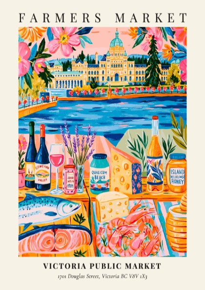 Victoria Public Market poster featuring colorful market scene with local produce and vibrant colors