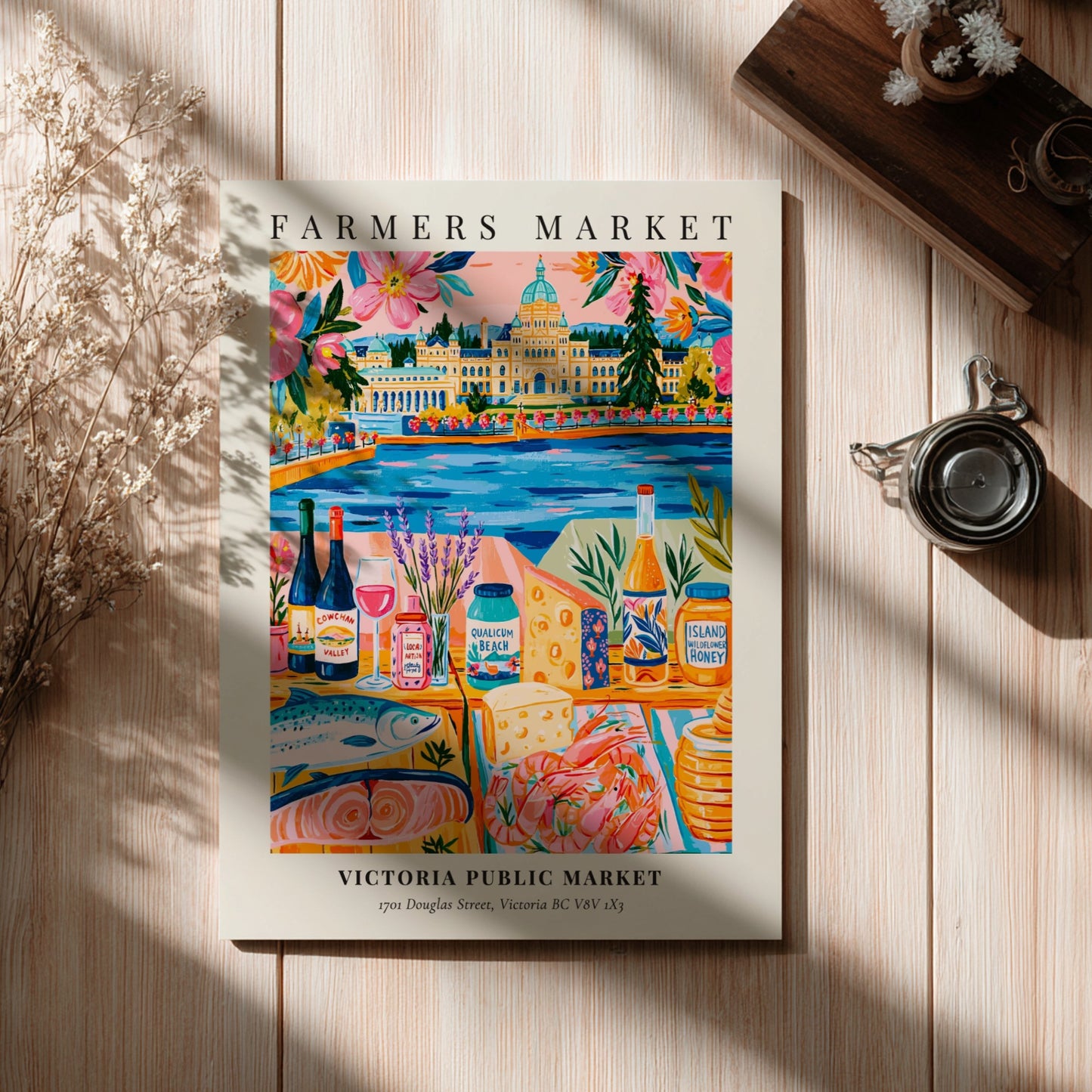Victoria Public Market poster featuring colorful market scene with local produce and vibrant colors