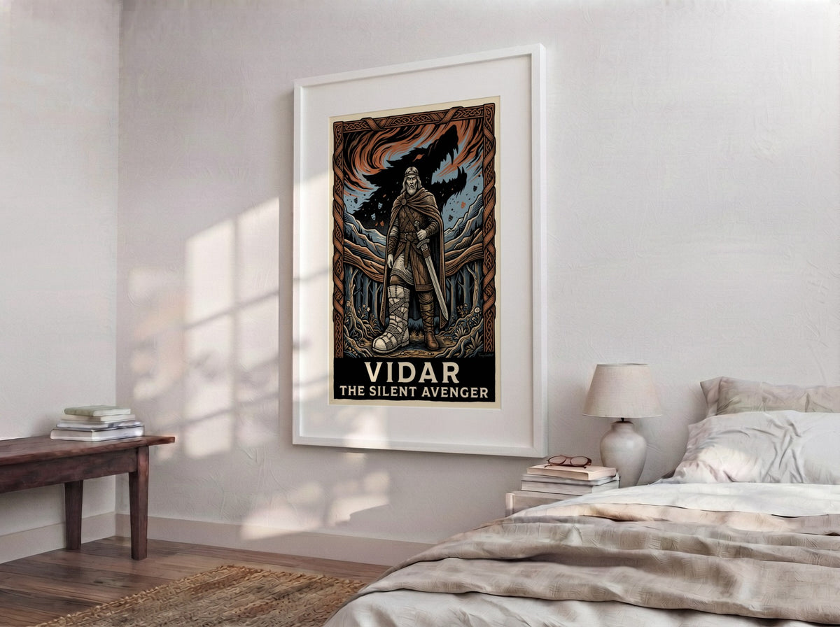 Poster of Vidar the Silent Avenger with Norse knotwork, dark wolf silhouette, and earth tones.