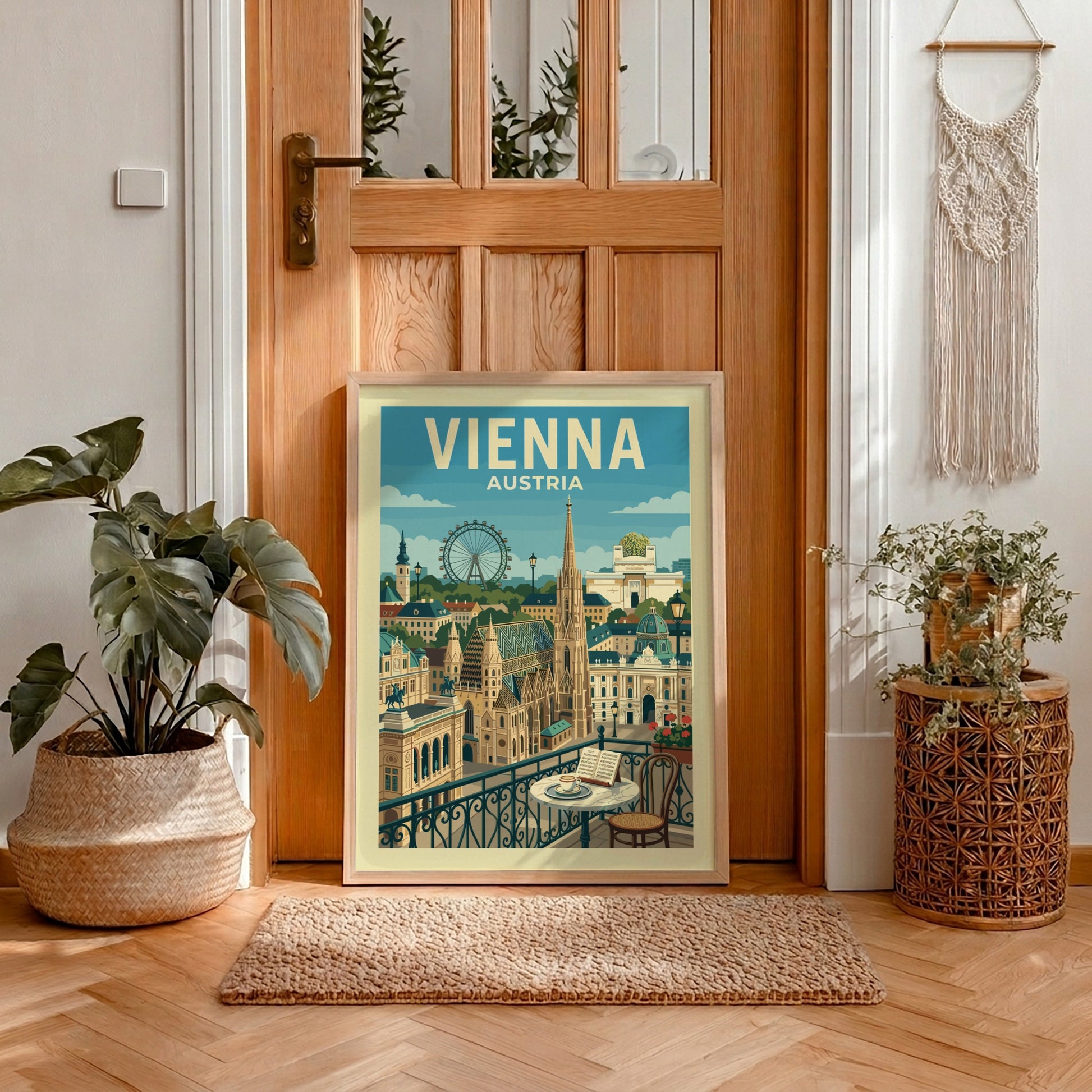 Vienna skyline travel poster featuring St. Stephen's Cathedral and Ferris wheel, vintage style.