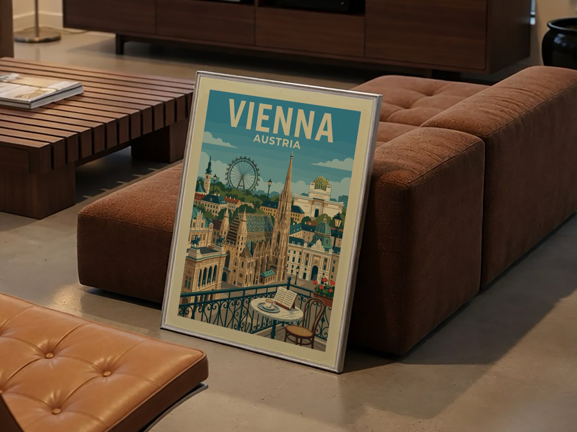 Vienna skyline travel poster featuring St. Stephen's Cathedral and Ferris wheel, vintage style.