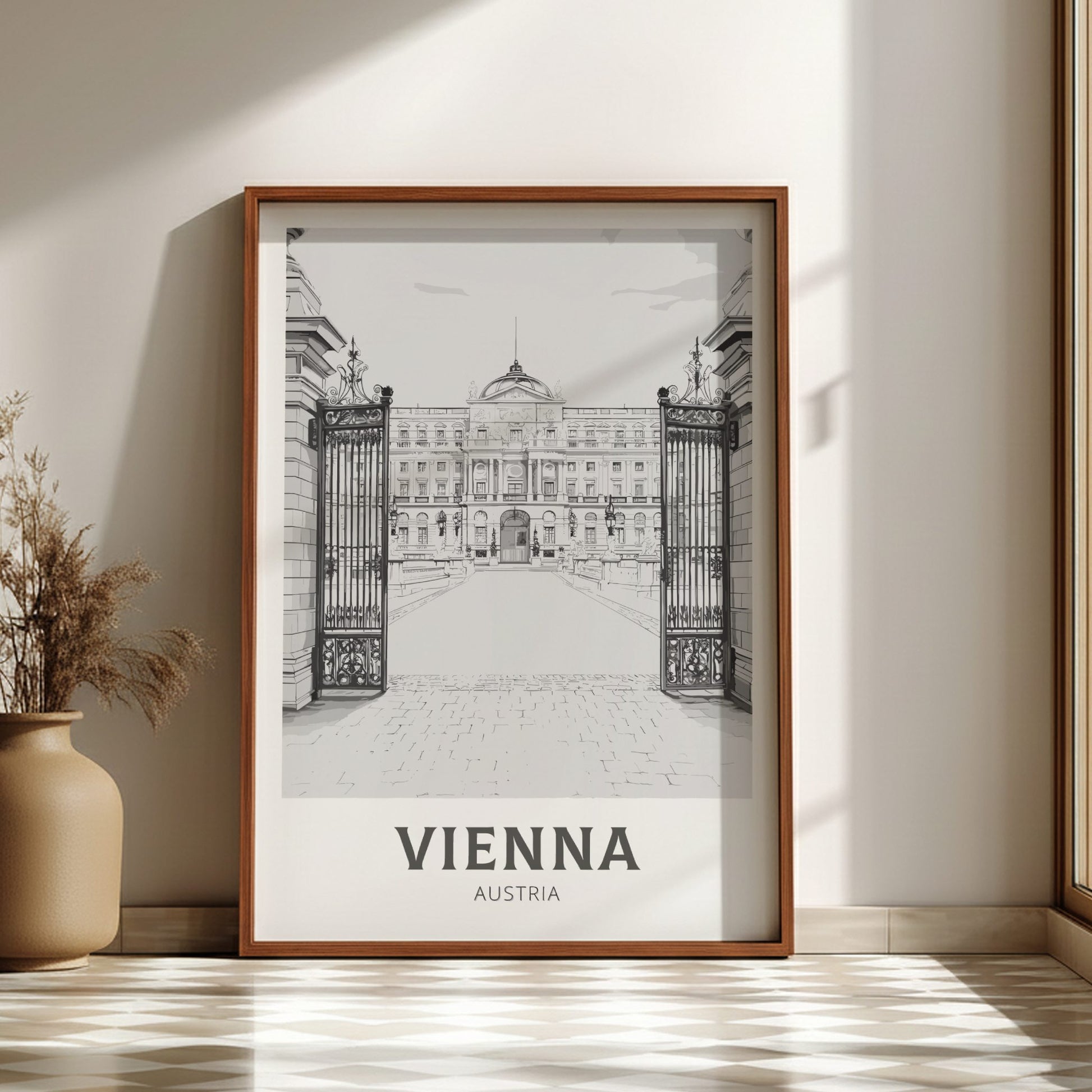 Framed poster of Vienna, Austria with a wooden frame on a wall.