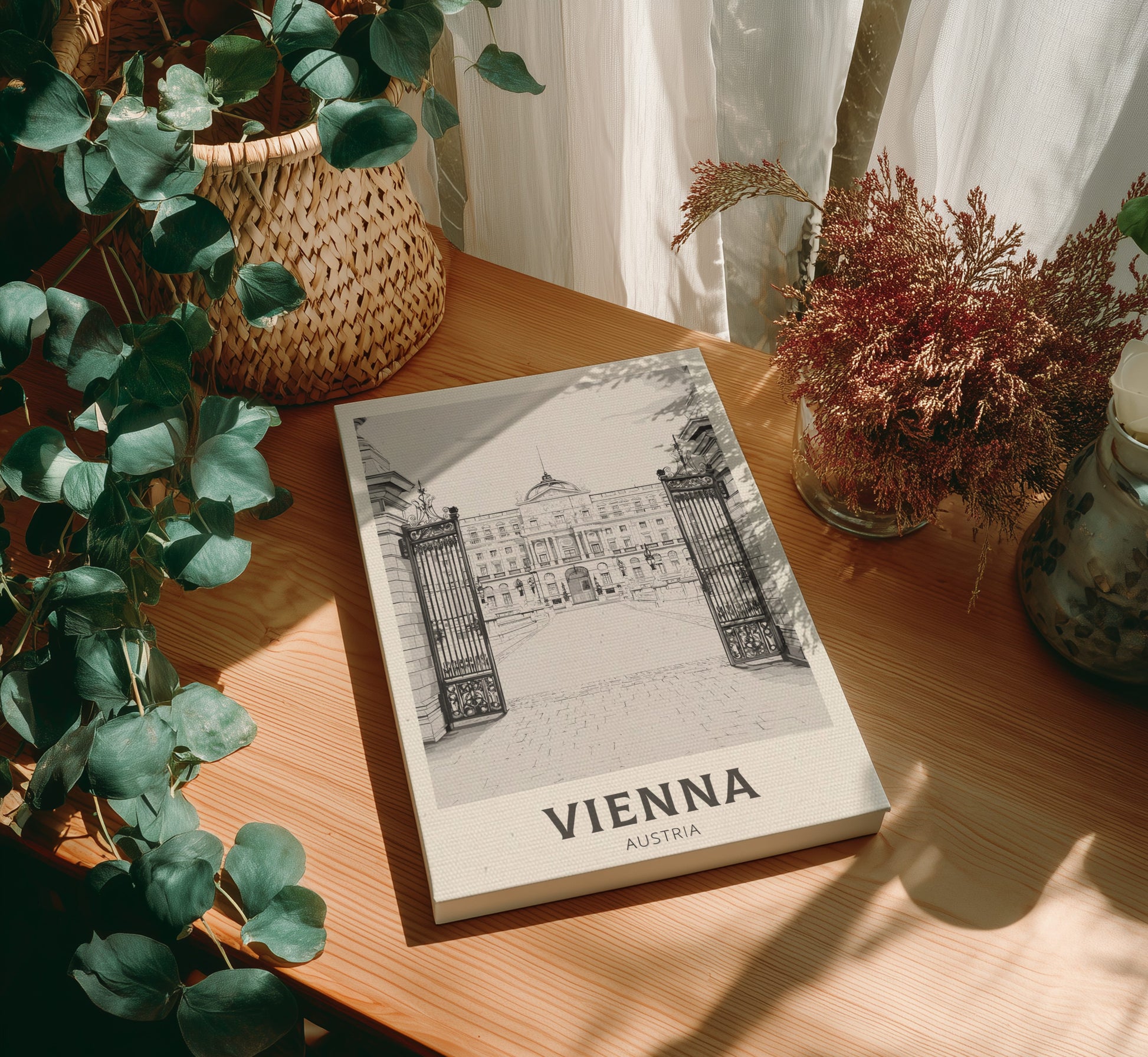 Canvas of 'Vienna Austria' on a wooden table with plants