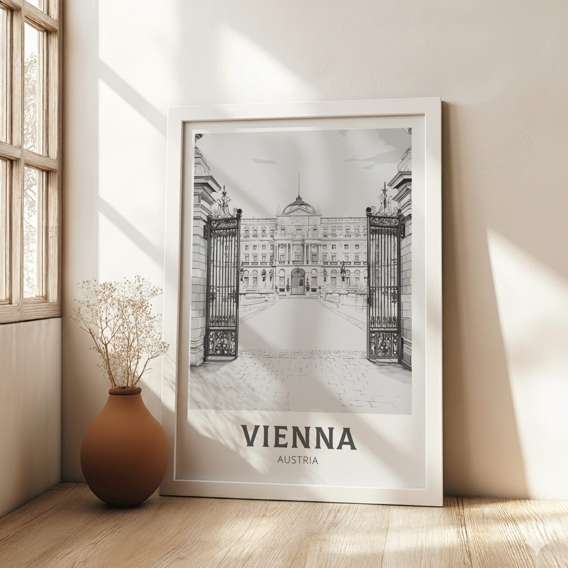 Framed black and white print of a cityscape with 'Vienna, Austria' text in a room with natural light.