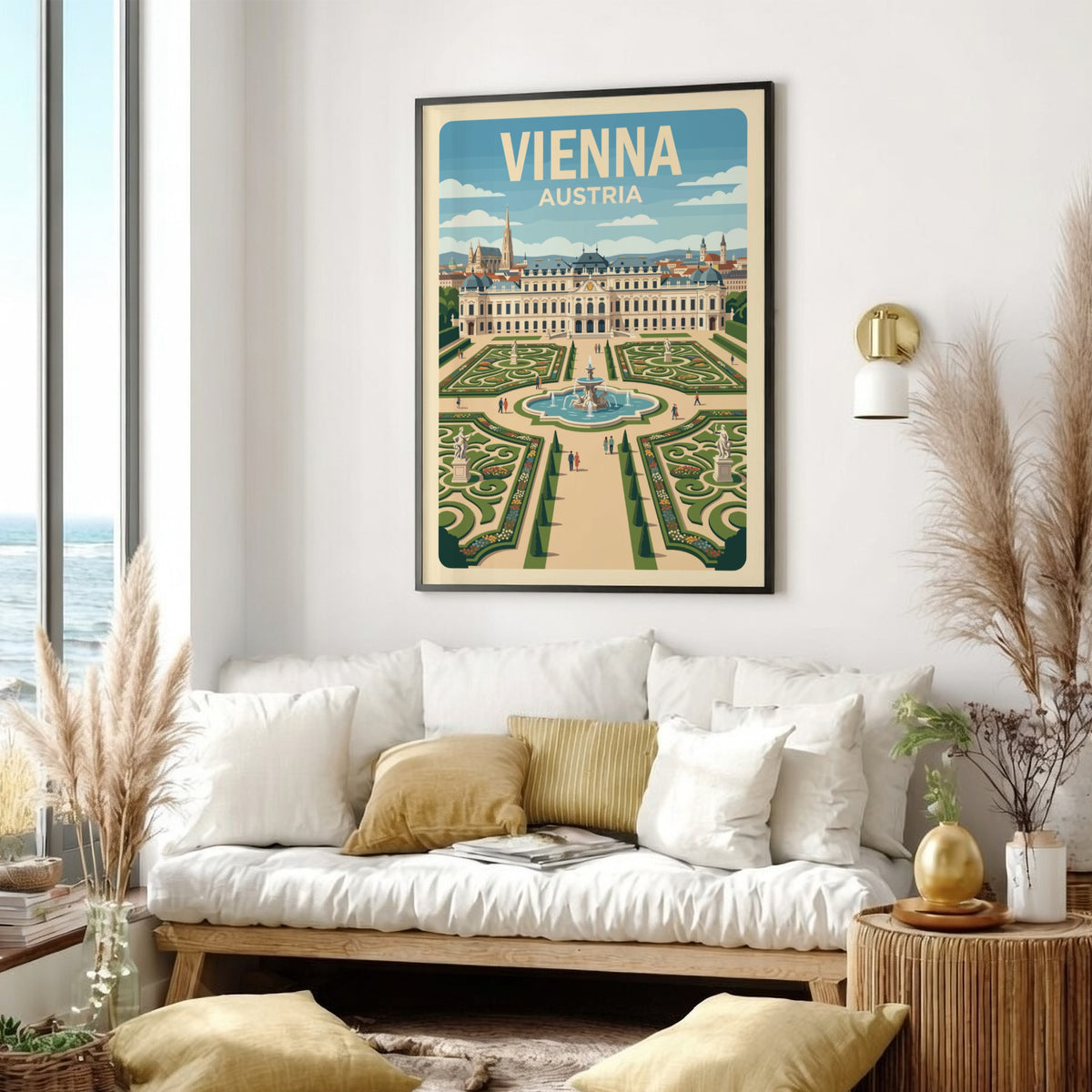 Vienna Austria travel poster featuring the Belvedere palace and its symmetrical garden fountain