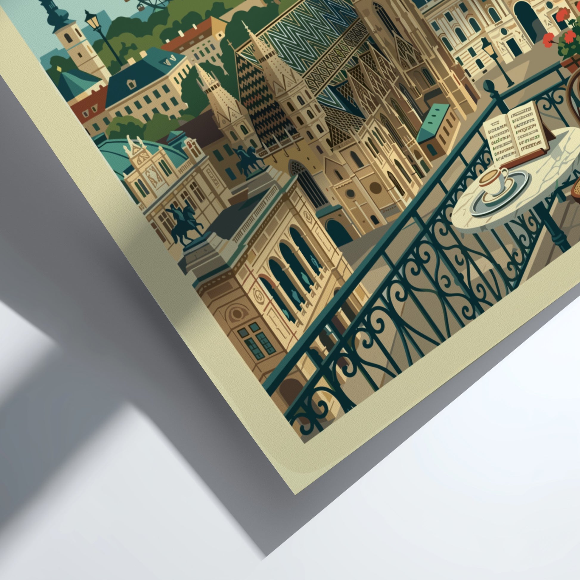 Vienna skyline travel poster featuring St. Stephen's Cathedral and Ferris wheel, vintage style.