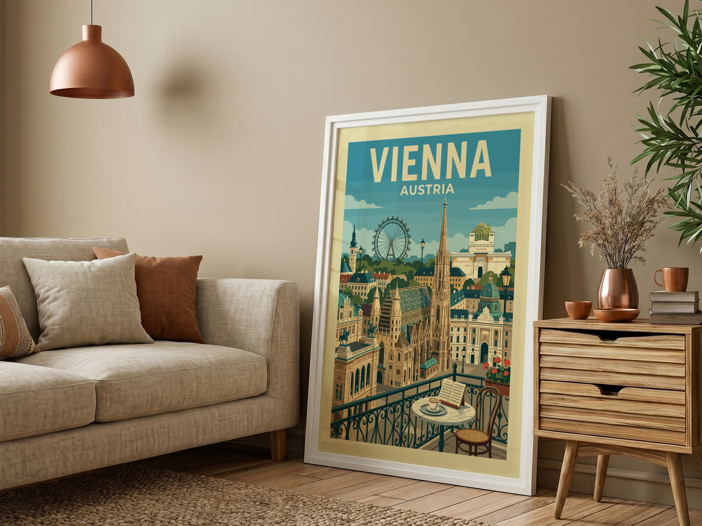 Vienna skyline travel poster featuring St. Stephen's Cathedral and Ferris wheel, vintage style.