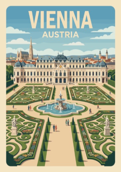 Vienna Austria travel poster featuring the Belvedere palace and its symmetrical garden fountain