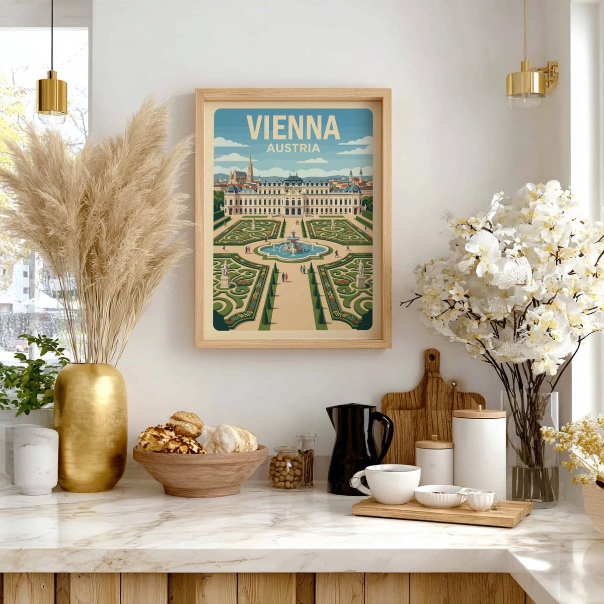 Vienna Austria travel poster featuring the Belvedere palace and its symmetrical garden fountain