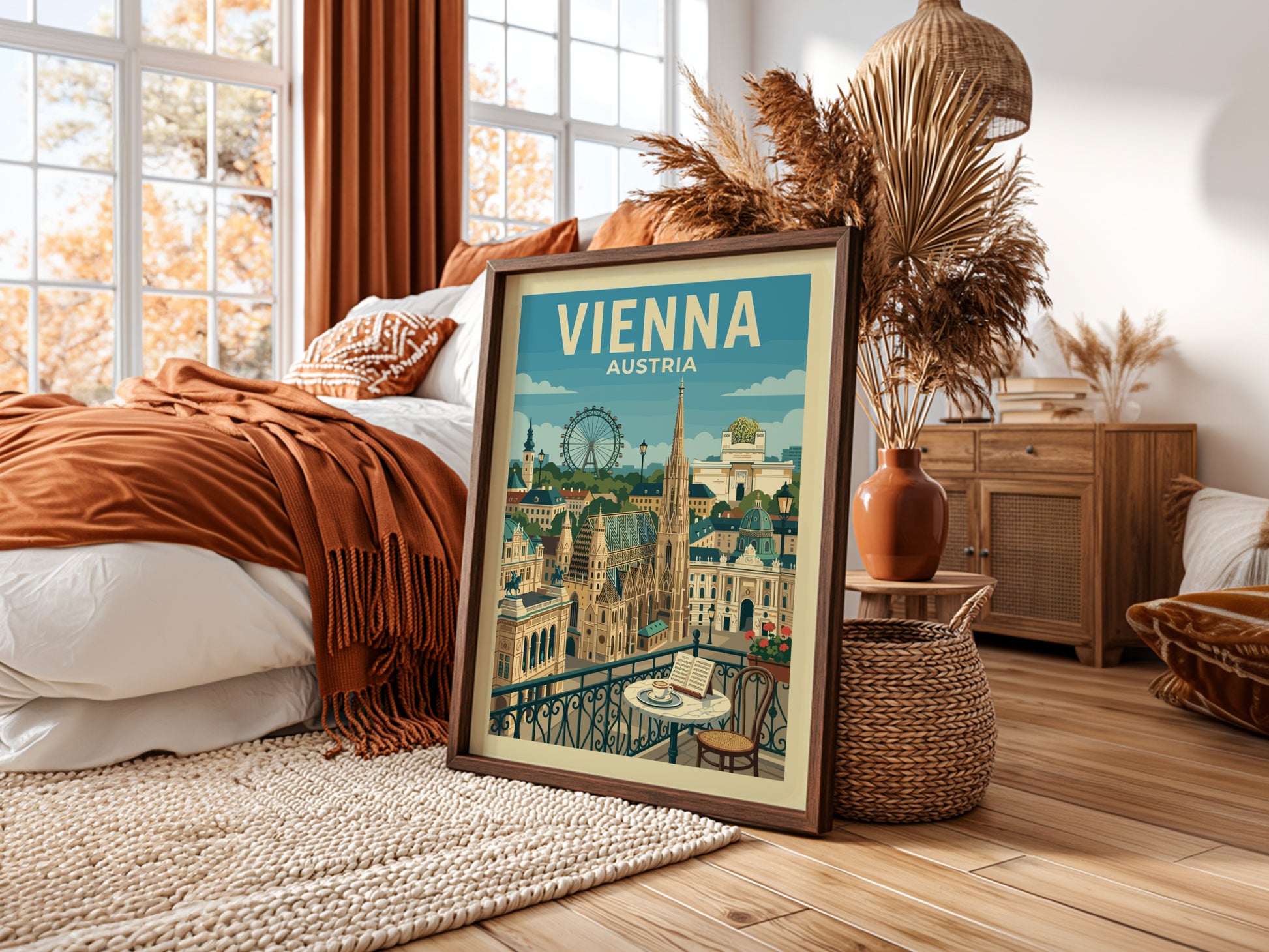 Vienna skyline travel poster featuring St. Stephen's Cathedral and Ferris wheel, vintage style.