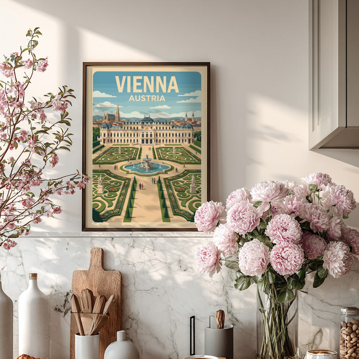 Vienna Austria travel poster featuring the Belvedere palace and its symmetrical garden fountain