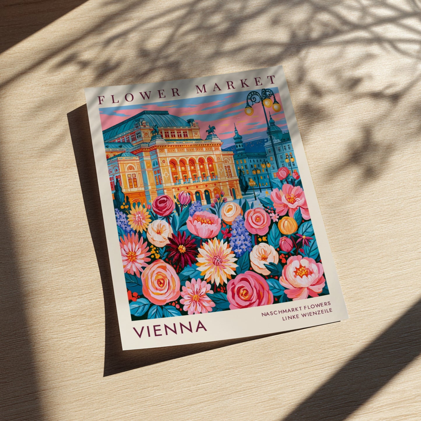 Flower market poster showcasing vibrant colors and city scenery with blooming flowers