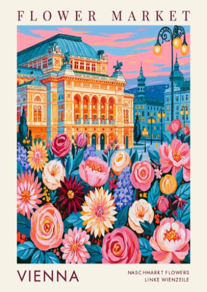 Flower market poster showcasing vibrant colors and city scenery with blooming flowers