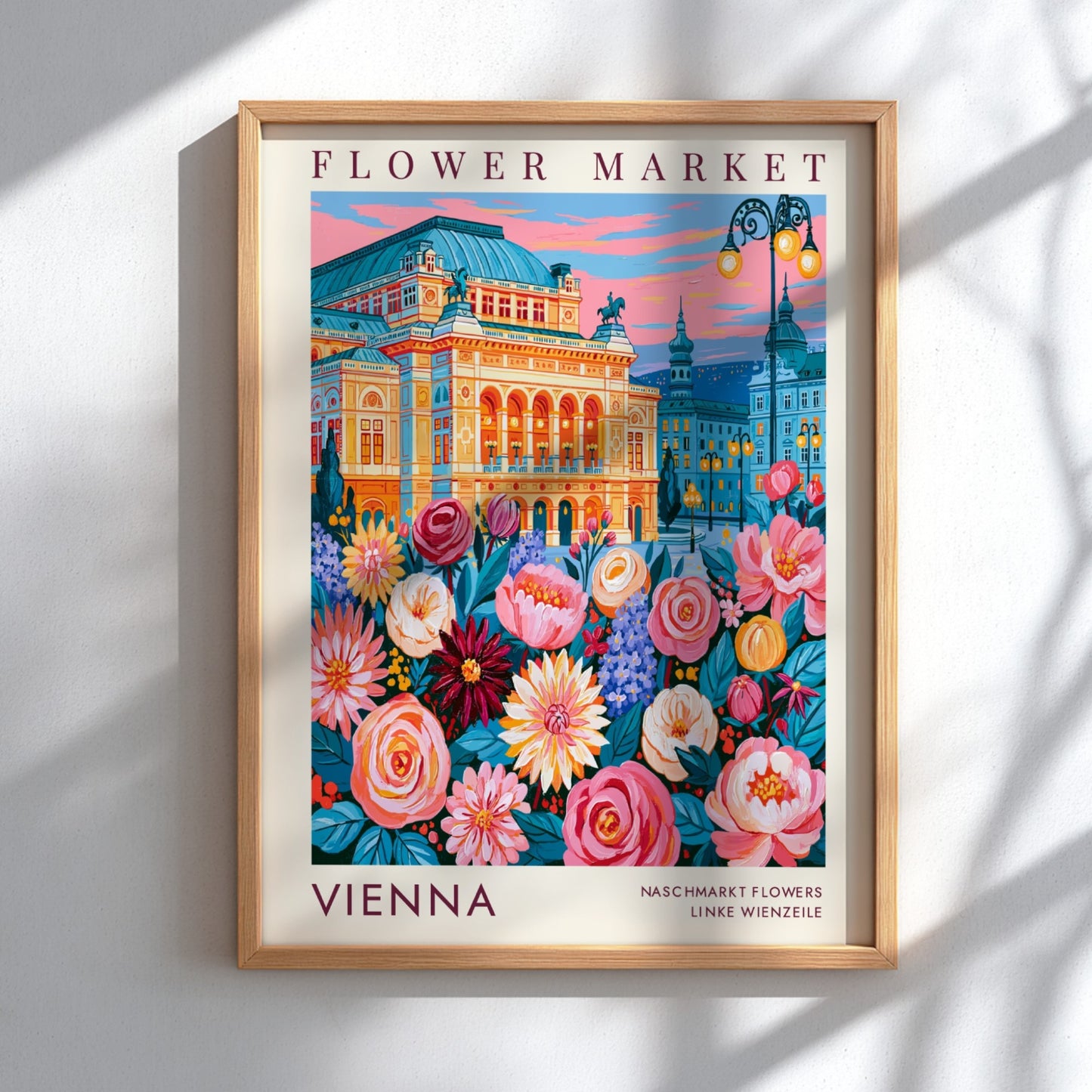 Flower market poster showcasing vibrant colors and city scenery with blooming flowers