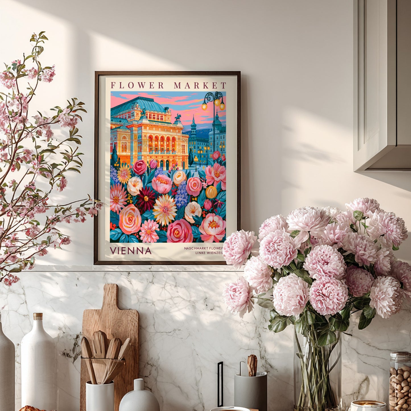 Flower market poster showcasing vibrant colors and city scenery with blooming flowers