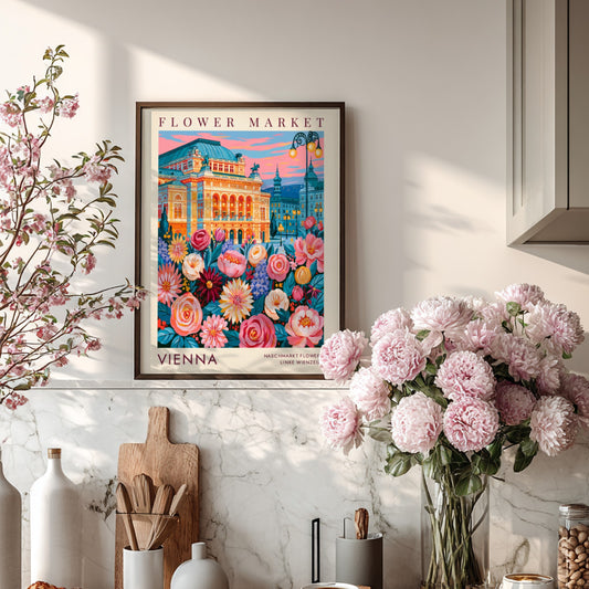 Flower market poster showcasing vibrant colors and city scenery with blooming flowers