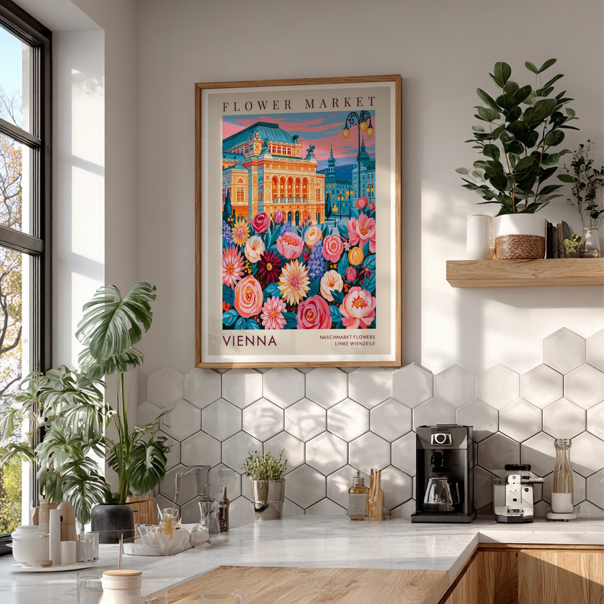 Flower market poster showcasing vibrant colors and city scenery with blooming flowers