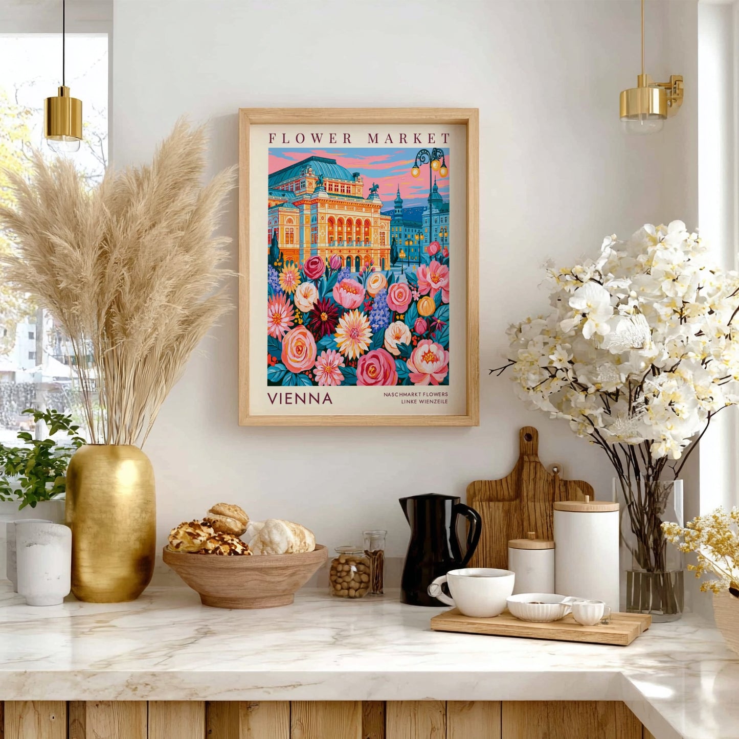 Flower market poster showcasing vibrant colors and city scenery with blooming flowers