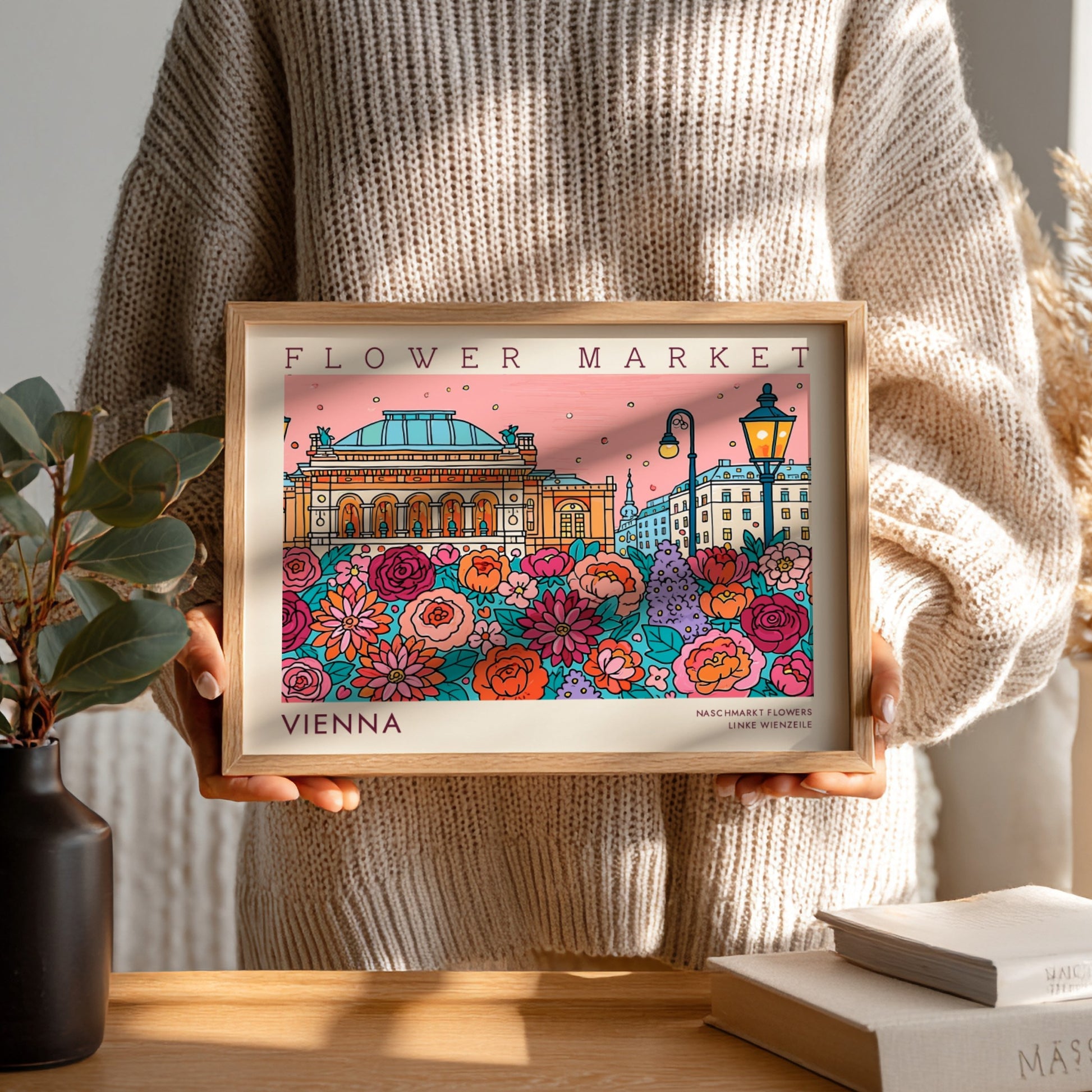 Vienna flower market poster featuring colorful blooms and iconic architecture