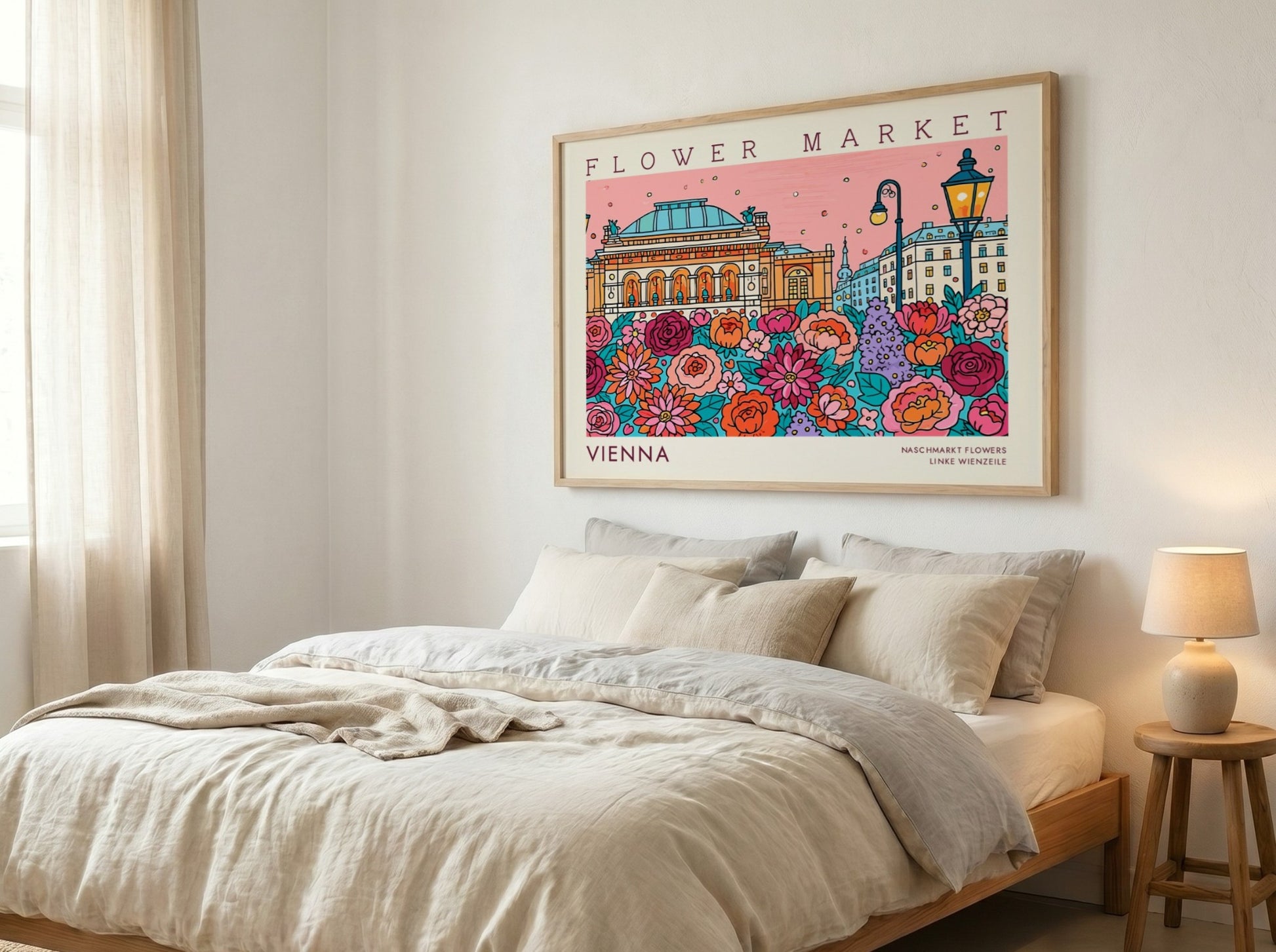 Vienna flower market poster featuring colorful blooms and iconic architecture
