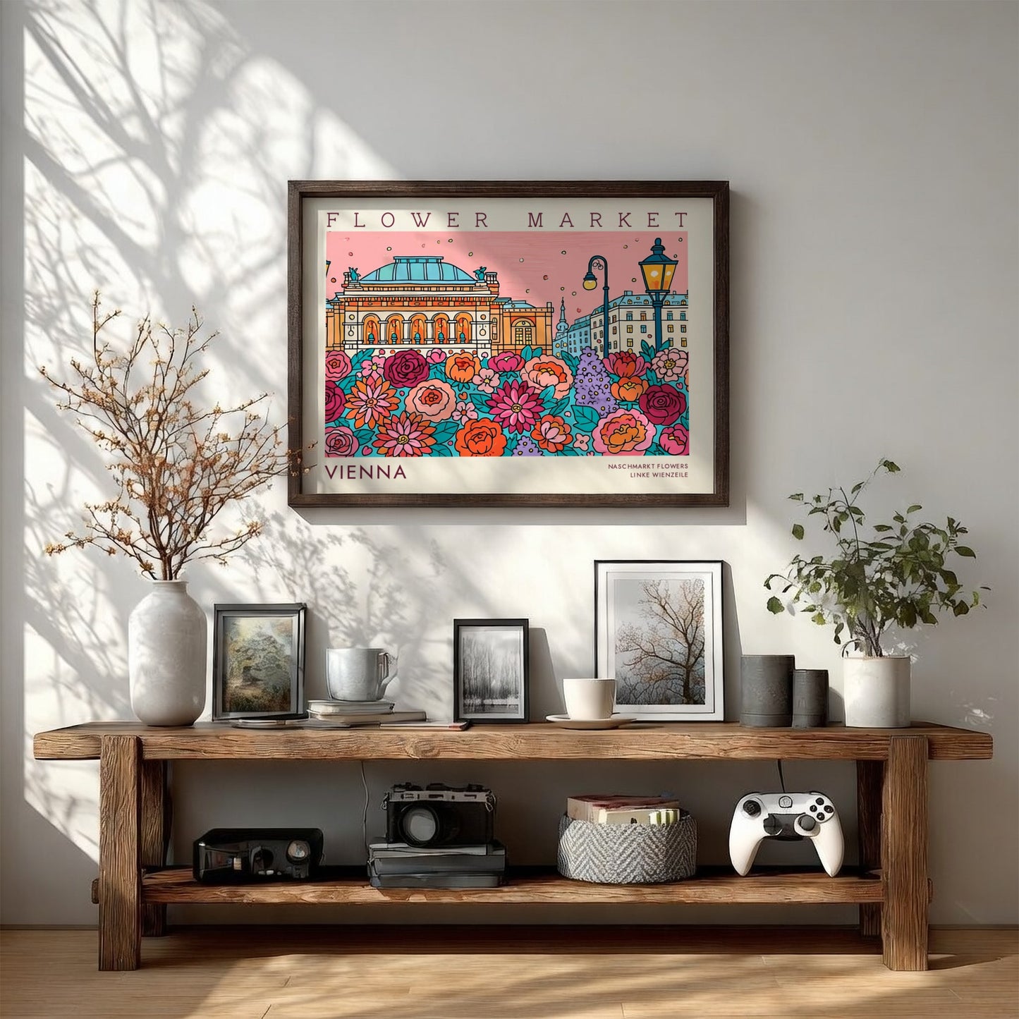 Vienna flower market poster featuring colorful blooms and iconic architecture