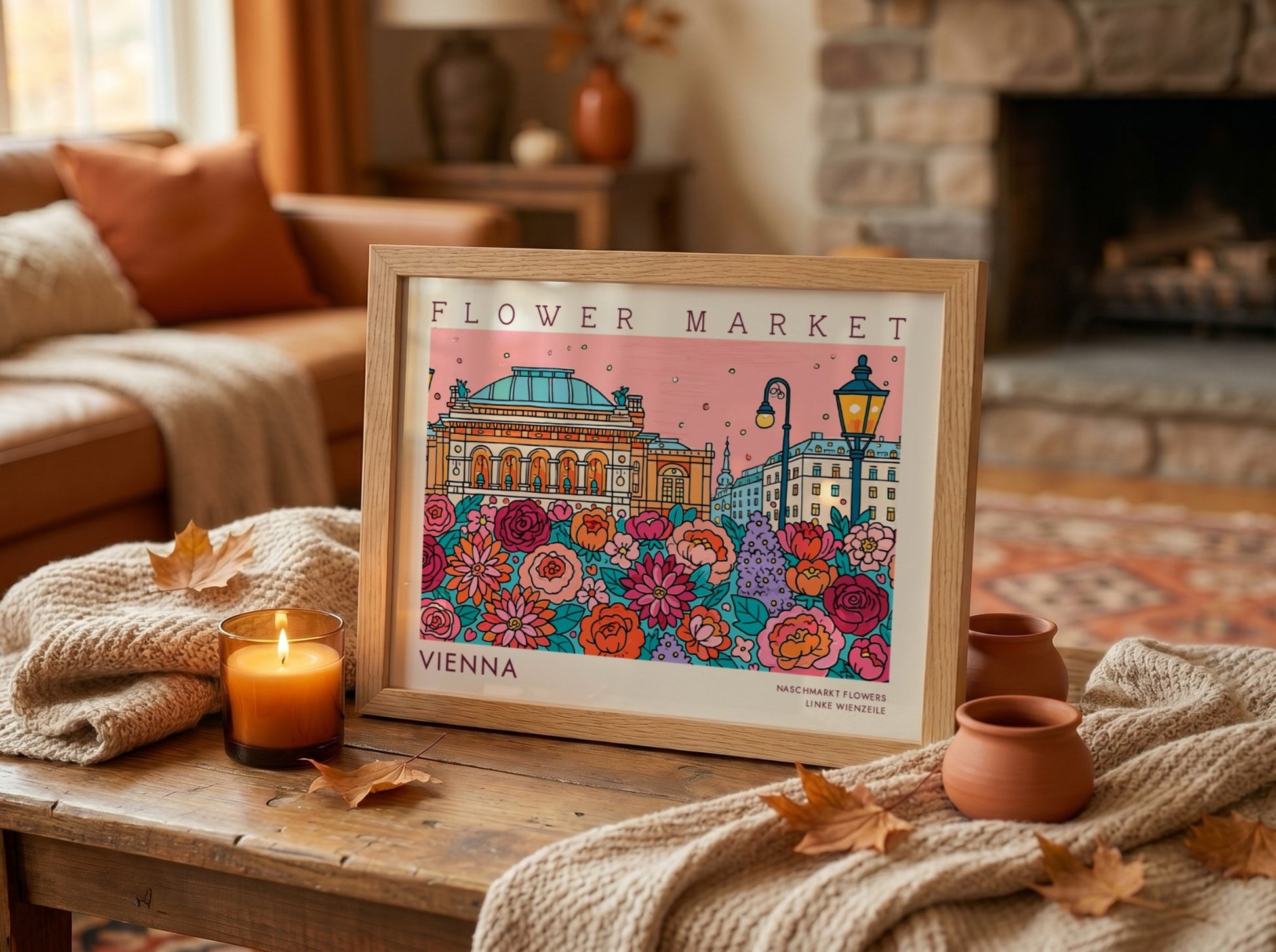 Vienna flower market poster featuring colorful blooms and iconic architecture