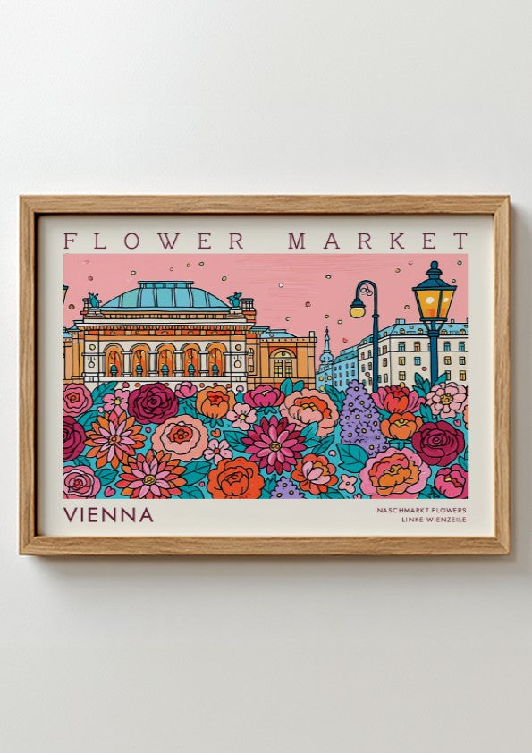Vienna flower market poster featuring colorful blooms and iconic architecture