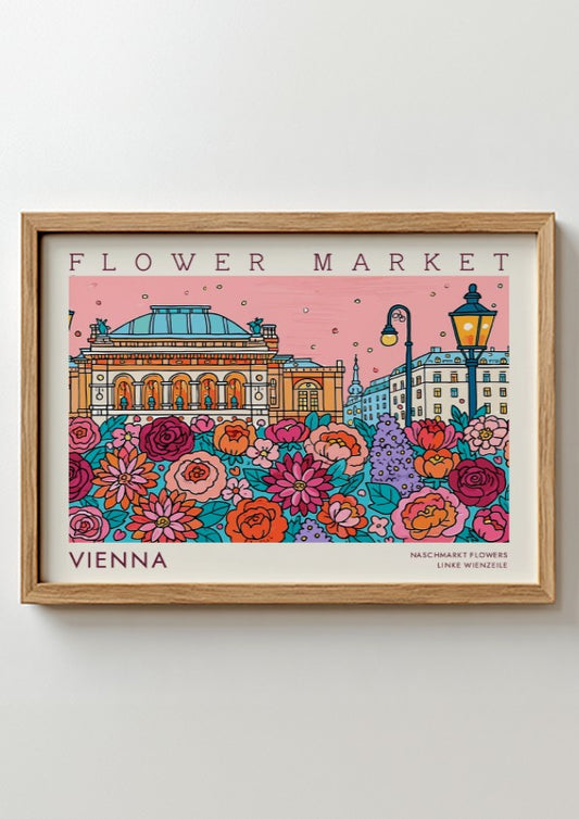 Vienna flower market poster featuring colorful blooms and iconic architecture