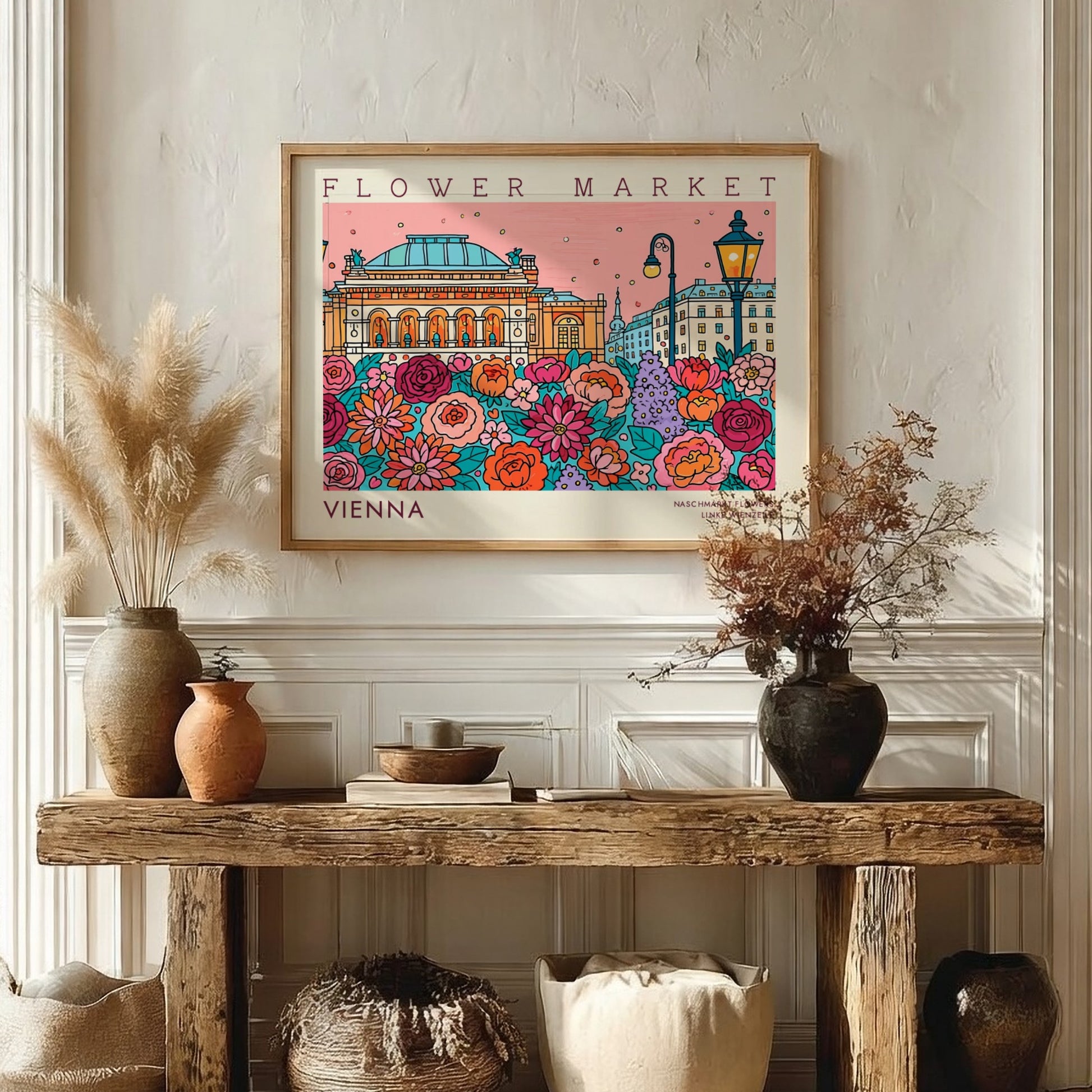 Vienna flower market poster featuring colorful blooms and iconic architecture