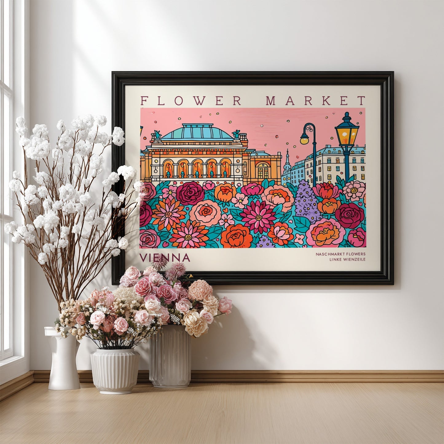 Vienna flower market poster featuring colorful blooms and iconic architecture