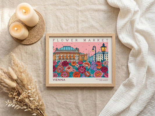 Vienna flower market poster featuring colorful blooms and iconic architecture