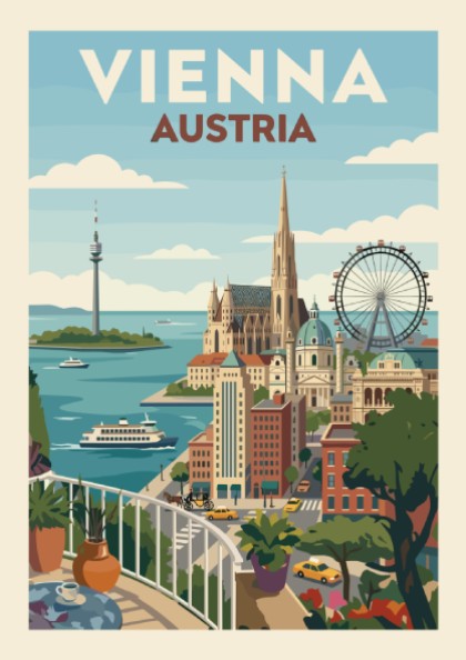 Vienna Austria travel poster featuring a colorful cityscape with landmarks and a vintage art style.