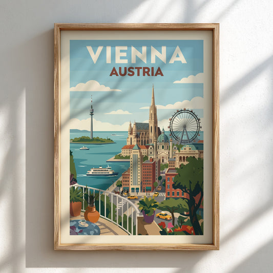 Vienna Austria travel poster featuring a colorful cityscape with landmarks and a vintage art style.