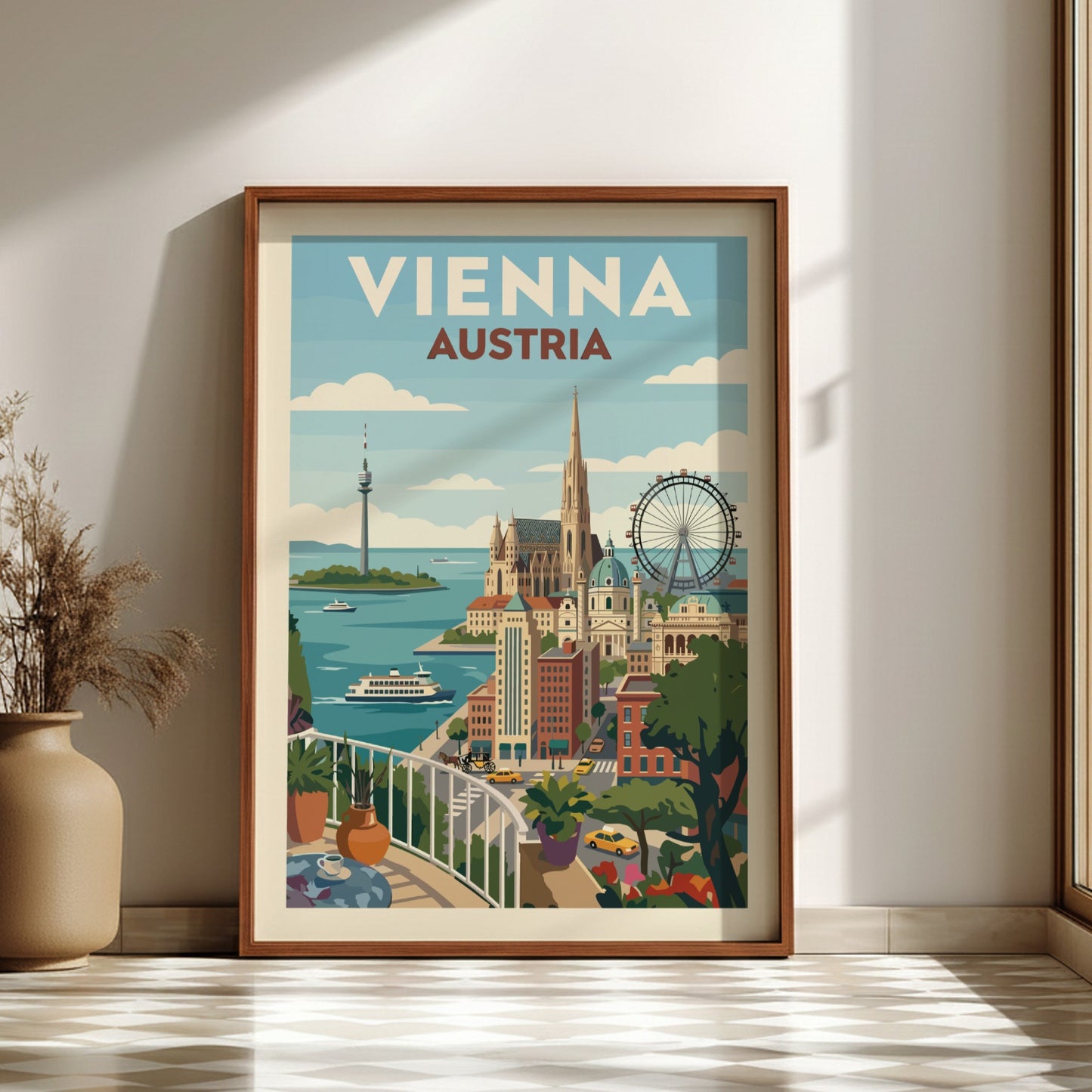 Vienna Austria travel poster featuring a colorful cityscape with landmarks and a vintage art style.