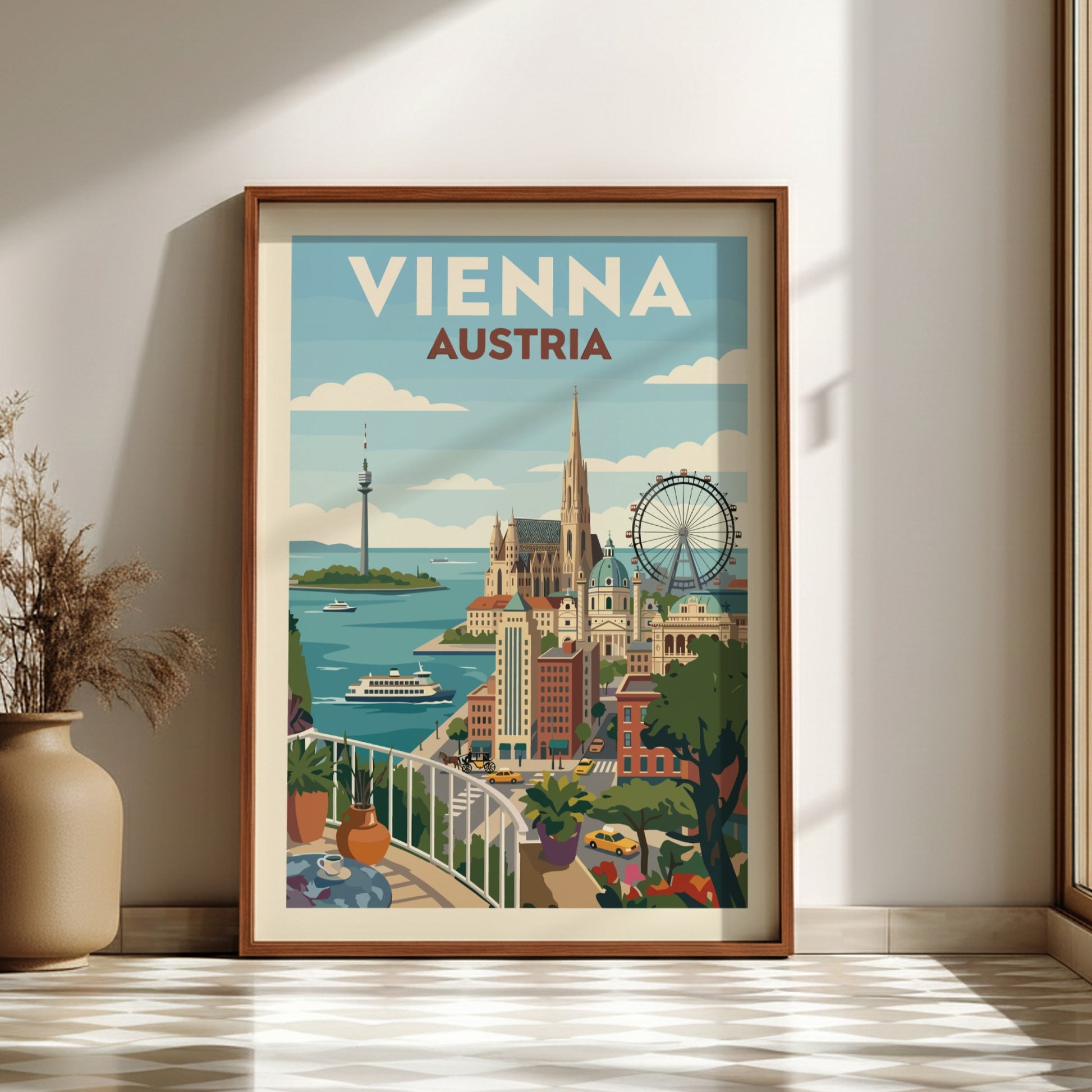 Vienna Austria travel poster featuring a colorful cityscape with landmarks and a vintage art style.