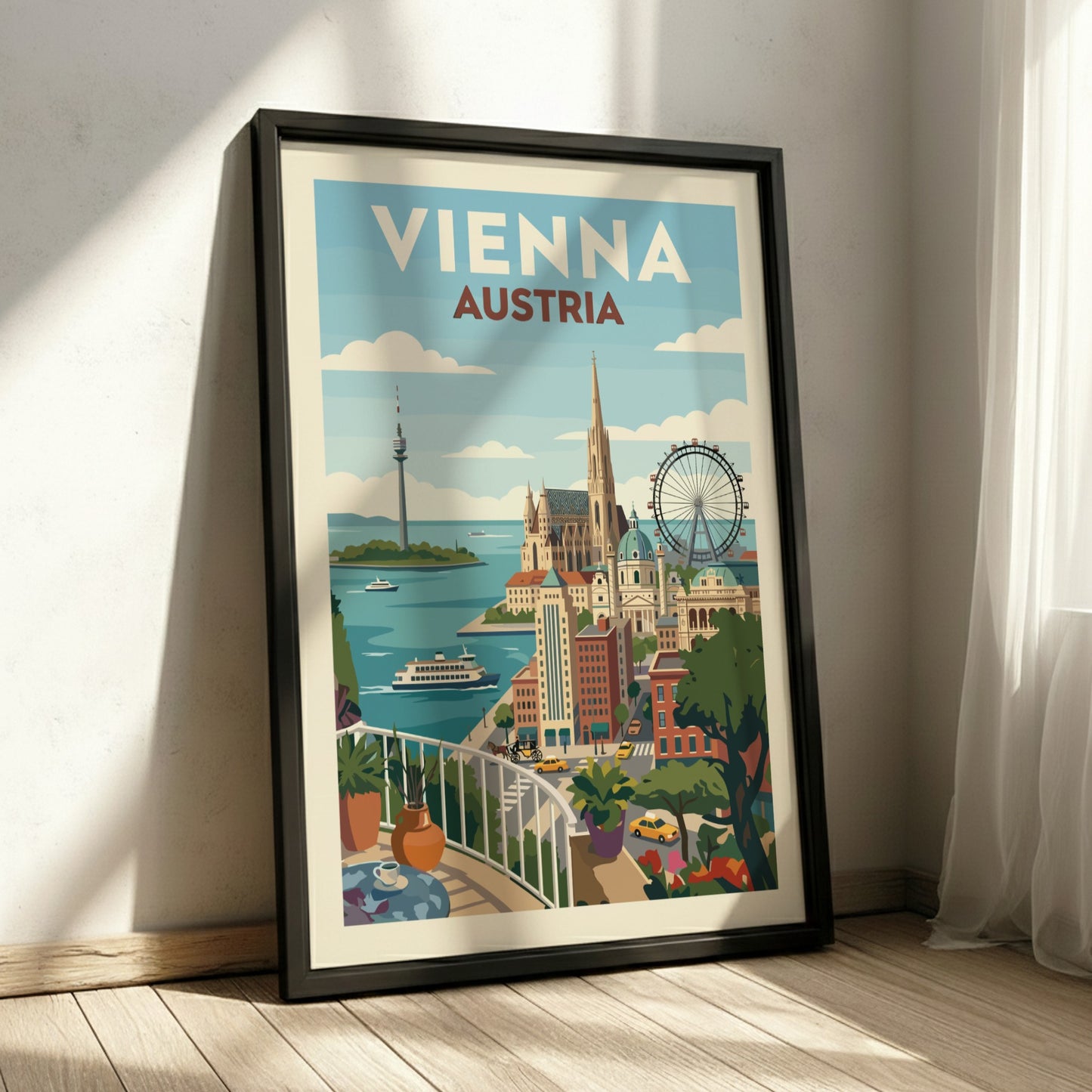Vienna Austria travel poster featuring a colorful cityscape with landmarks and a vintage art style.