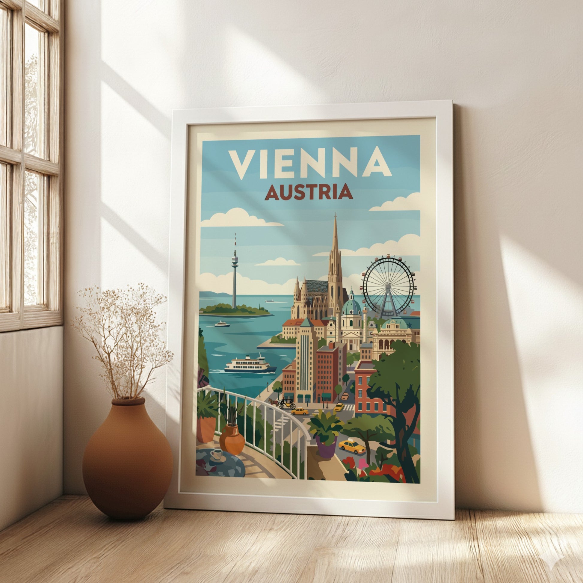 Vienna Austria travel poster featuring a colorful cityscape with landmarks and a vintage art style.